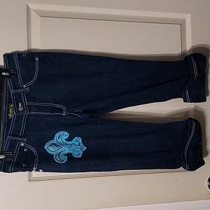 RAW BLUE Dark Blue Denim‎ Fleur De Lis & Graffiti Capris Women's 9/10 NWOT Cond